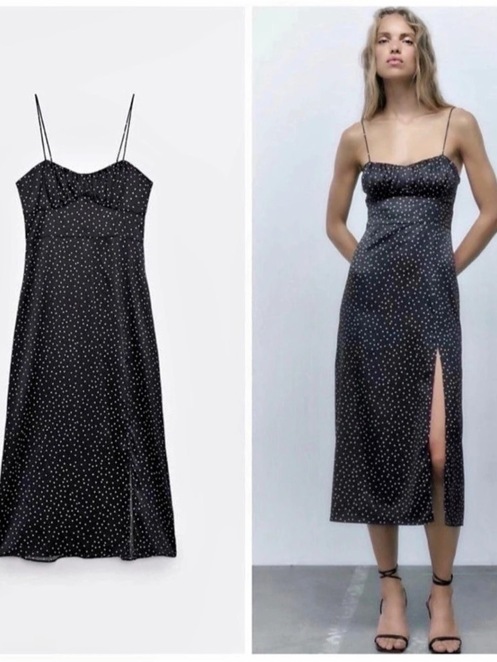 Zara Ruffled Satin Effect Polka Dot Dress Black & White XS